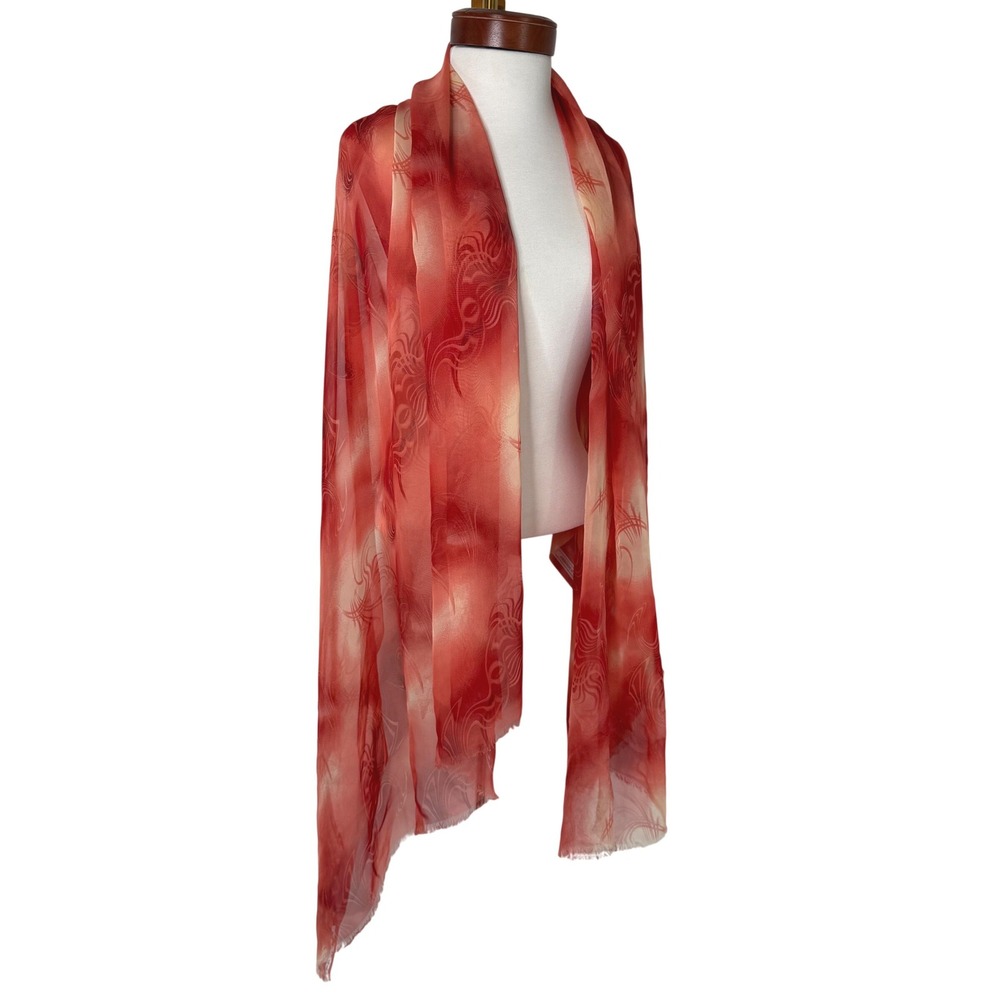 100% Silk Sheer Red Wrap Scarf‎ Sarong French Discharge Print Boho Y2K Ethereal